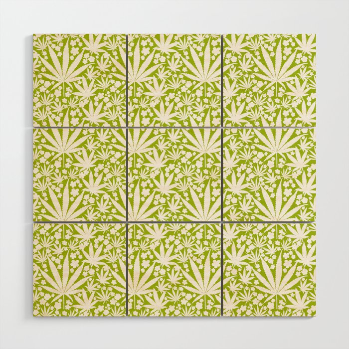 Mid-Century Modern Cannabis And Flowers Green Wood Wall Art