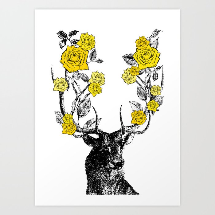 The Stag And Roses Deer And Flowers Yellow Vintage Stag Vintage Deer Antlers Woodland Art Print By Eclecticatheart Society6