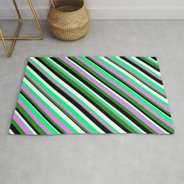 [ Thumbnail: Green, Violet, Forest Green, Black, and White Colored Stripes Pattern Rug ]