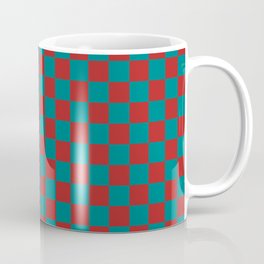 Two color checkerboard. Teal and Fire brick color of checkerboard. Coffee Mug