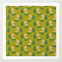 Pink Daisy Pattern - Green Art Print