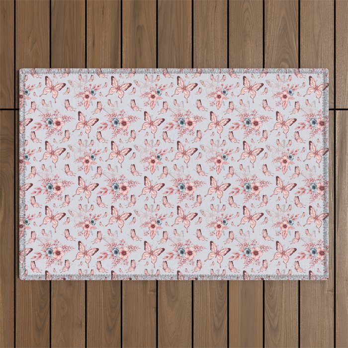 Monochrome anemone flowers and butterflies - floral print Outdoor Rug