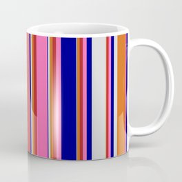 [ Thumbnail: Eyecatching Chocolate, Red, Hot Pink, Dark Blue & Light Gray Colored Lines/Stripes Pattern Coffee Mug ]