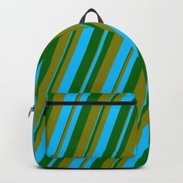 [ Thumbnail: Dark Green, Green, and Deep Sky Blue Colored Lined Pattern Backpack ]
