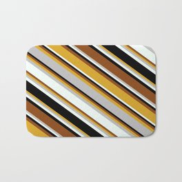 [ Thumbnail: Eyecatching Goldenrod, Grey, Mint Cream, Black, and Brown Colored Stripes Pattern Bath Mat ]