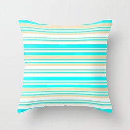 [ Thumbnail: White, Aqua & Tan Colored Striped/Lined Pattern Throw Pillow ]