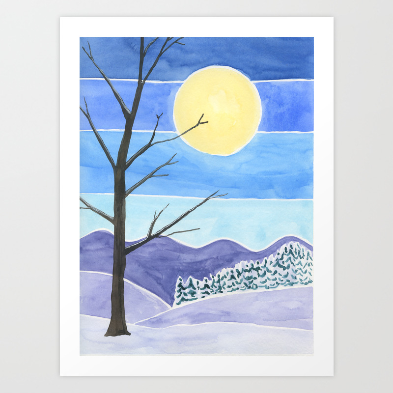 Solitary Tree Under A Full Moon Watercolor Landscape Painting Art