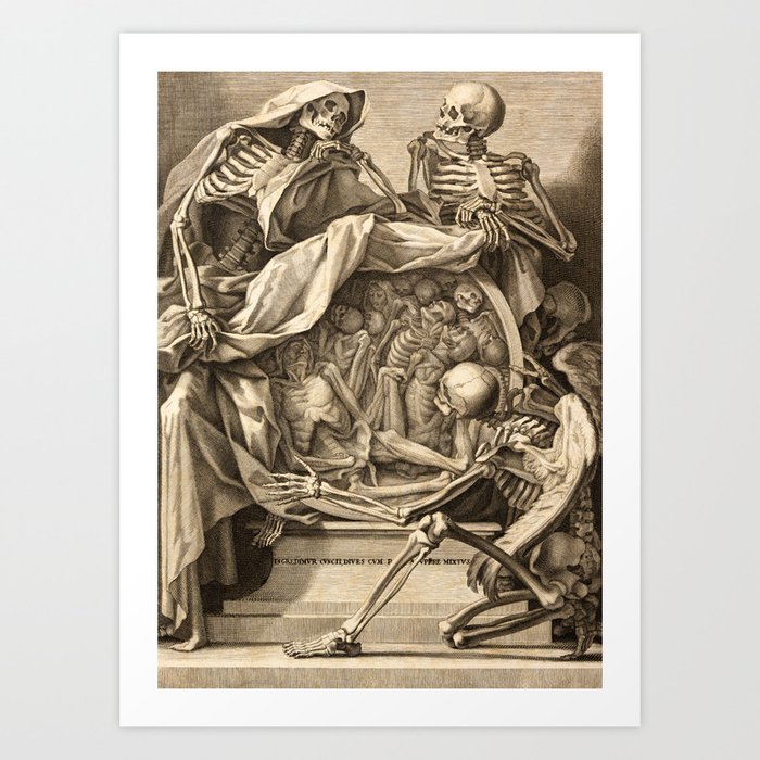 Death, Symbolism, Three Skeletons with Roundel of Corpses by Old Master Art Print