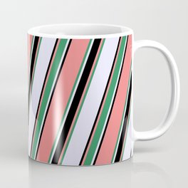 [ Thumbnail: Light Coral, Sea Green, Lavender & Black Colored Lined Pattern Coffee Mug ]