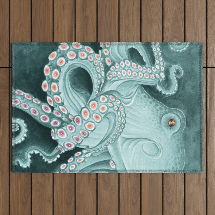 Cyan Green Teal Tentacles Pink Octopus Kraken Watercolor Art Outdoor Rug