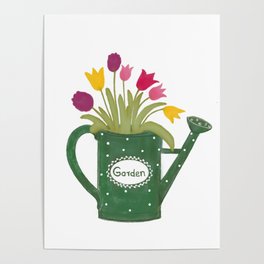 Green watering can with colorful spring bouquet Poster