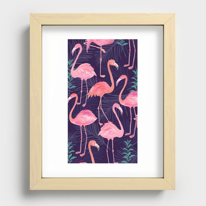 Pink Flamingo Purple Leaves Tropical Background Recessed Framed Print