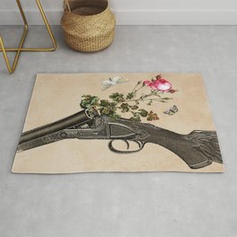 One Gun, One Rose, Two Moths Rug | Vintage, Paper, Popart, Pop Art, Digital, Collage, Pop Surrealism 