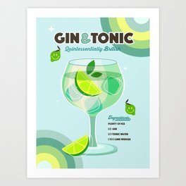 Gin and Tonic Retro Cocktail - Aqua blue green Art Print
