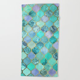 Cool Jade & Icy Mint Decorative Moroccan Tile Pattern Beach Towel