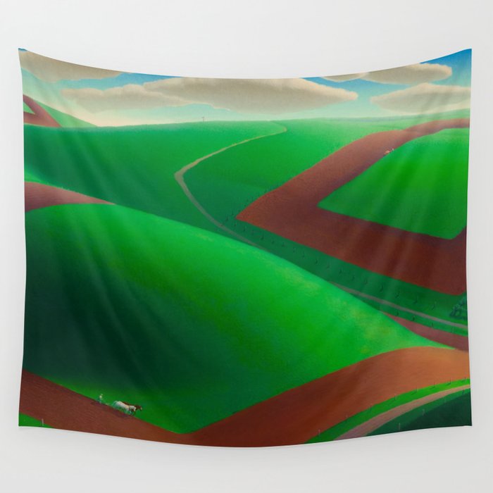 Spring Turning, American West Farmland landscape painting  by Grant Wood Wall Tapestry