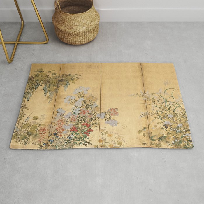 Japanese Edo Period Six-Panel Gold Leaf Screen - Spring and Autumn Flowers Rug