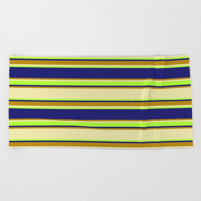 Pale Goldenrod, Light Green, Midnight Blue & Dark Goldenrod Colored Lined/Striped Pattern Beach Towel