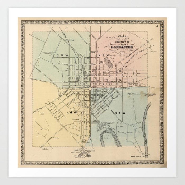 Vintage Map of Lancaster PA (1864) Art Print by BravuraMedia Society6
