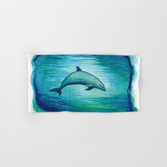 "Indigo Lagoon" by Amber Marine ~ Watercolor Dolphin Painting, (c) 2015 Hand & Bath Towel