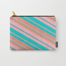 [ Thumbnail: Dark Salmon, Light Pink & Dark Turquoise Colored Stripes Pattern Carry-All Pouch ]