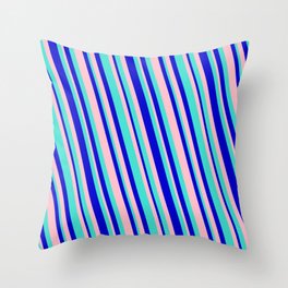 [ Thumbnail: Turquoise, Blue, and Pink Colored Lined/Striped Pattern Throw Pillow ]