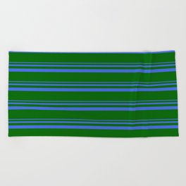 [ Thumbnail: Royal Blue & Dark Green Colored Striped/Lined Pattern Beach Towel ]