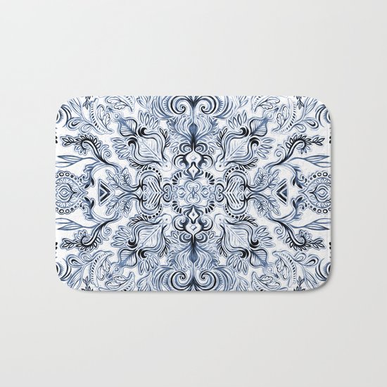 Indigo, Navy Blue and White Calligraphy Doodle Pattern Bath Mat
