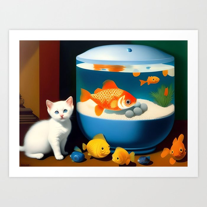Anderson Pooper reporting from Goldfish Square humorous funny badly behaving cats still life portrait painting Art Print