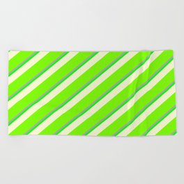 [ Thumbnail: Dark Gray, Lime, Light Yellow & Green Colored Stripes/Lines Pattern Beach Towel ]