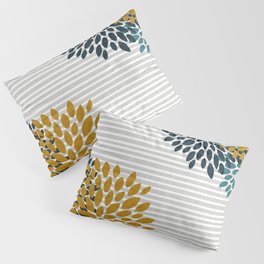 Floral Blooms and Stripes, Navy Blue, Teal, Yellow, Gray Pillow Sham