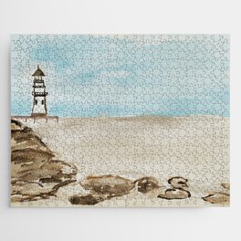 Watercolor hand painted abstract sea ​​and lighthouse Jigsaw Puzzle
