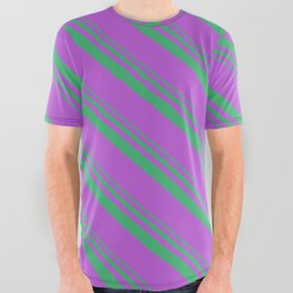 [ Thumbnail: Sea Green and Orchid Colored Lines Pattern All Over Graphic Tee ]