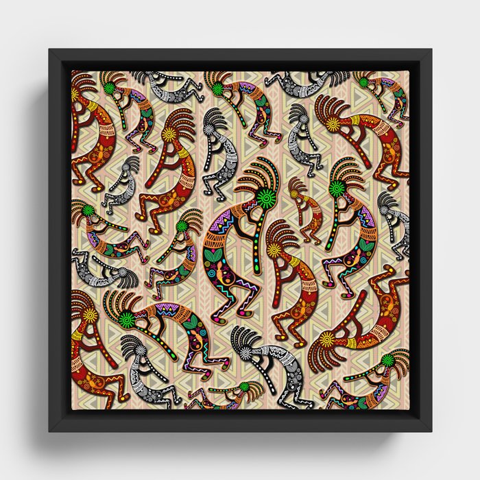 Kokopelli Rainbow Colors on Tribal Pattern  Framed Canvas