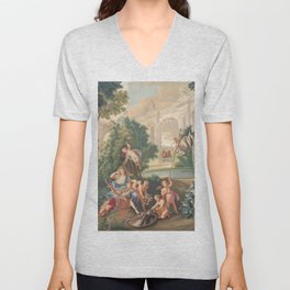 Antique 17th Century Romantic French Mythological Tapestry V Neck T Shirt
