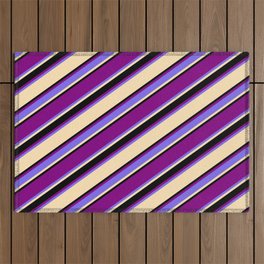 [ Thumbnail: Purple, Medium Slate Blue, Beige, and Black Colored Striped/Lined Pattern Outdoor Rug ]
