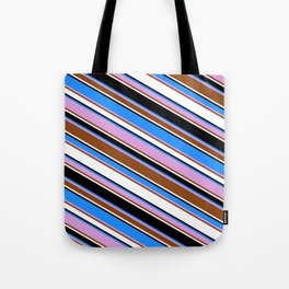 [ Thumbnail: Blue, Plum, Brown, White & Black Colored Lined/Striped Pattern Tote Bag ]