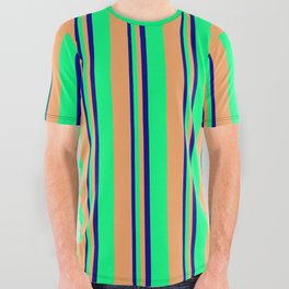 [ Thumbnail: Blue, Green & Brown Colored Lines/Stripes Pattern All Over Graphic Tee ]