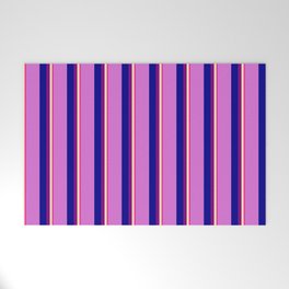 [ Thumbnail: Deep Pink, Beige, Purple, Dark Blue, and Orchid Colored Stripes Pattern Welcome Mat ]