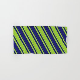 [ Thumbnail: Midnight Blue & Green Colored Lines Pattern Hand & Bath Towel ]