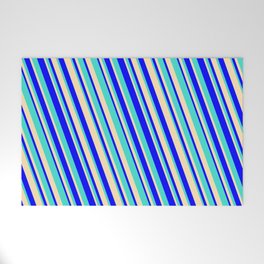 [ Thumbnail: Blue, Turquoise & Beige Colored Striped/Lined Pattern Welcome Mat ]