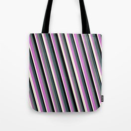 [ Thumbnail: Dark Slate Gray, Grey, Orchid, Beige & Black Colored Stripes Pattern Tote Bag ]