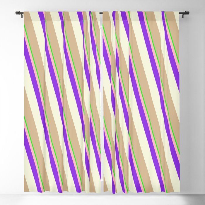 Eye-catching Lime, Light Pink, Purple, Beige & Tan Colored Stripes Pattern Blackout Curtain