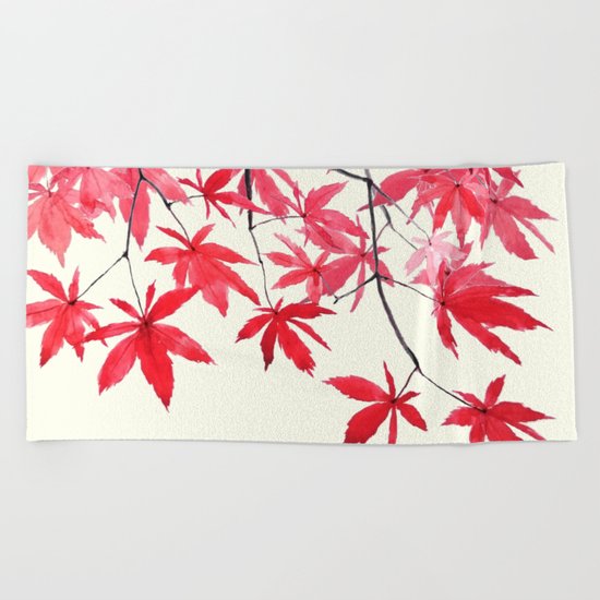 red maple leaves watercolor painting Beach Towel