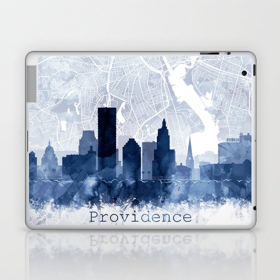 Providence Skyline & Map Watercolor Navy Blue, Print by Zouzounio Art Laptop & iPad Skin