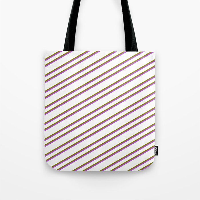 White, Green & Orchid Colored Pattern of Stripes Tote Bag