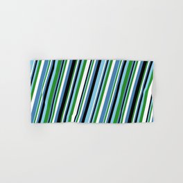 [ Thumbnail: Eye-catching Sky Blue, Forest Green, White, Blue & Black Colored Lined Pattern Hand & Bath Towel ]