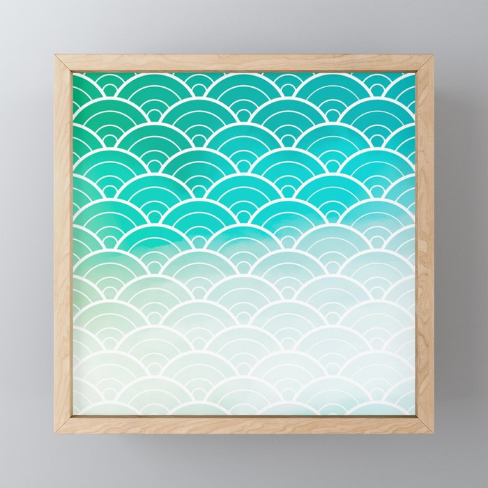 Turquoise Ombre Japanese Waves Pattern Framed Mini Art Print