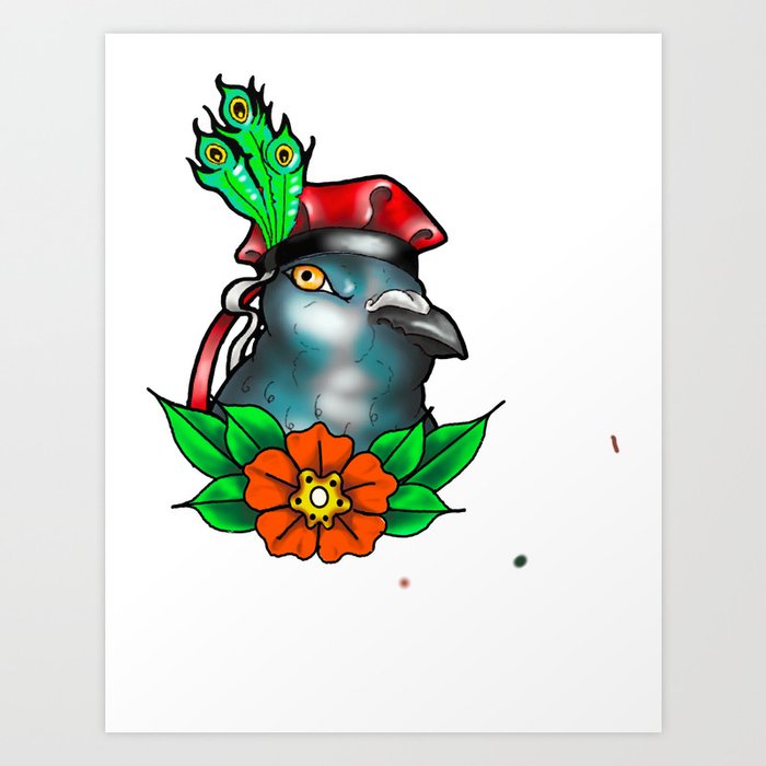 Pigeon Art Print | Drawing, Digital, Pigeon, Polish, Hat, Peacock-feathers, Flower