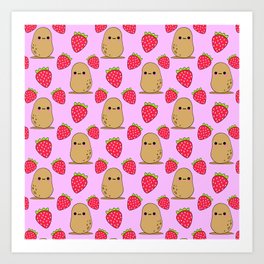 Cute funny sweet adorable little baby potatoes and red ripe summer strawberries cartoon light pastel pink pattern design Art Print